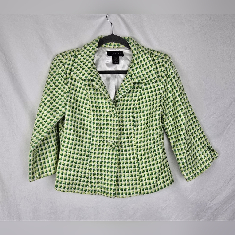 Silk Land Woven Tweed Gingham Kelly Green Preppy Blazer Cardigan sz S